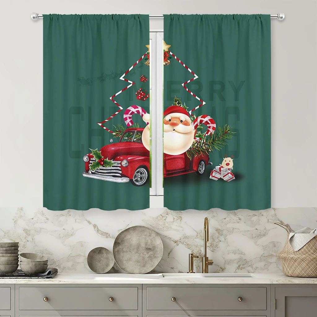 2pcs Vintage Green Christmas Tree And Santa Claus Print Curtains – Festive Decor For Children's Rooms And Dining Areas
