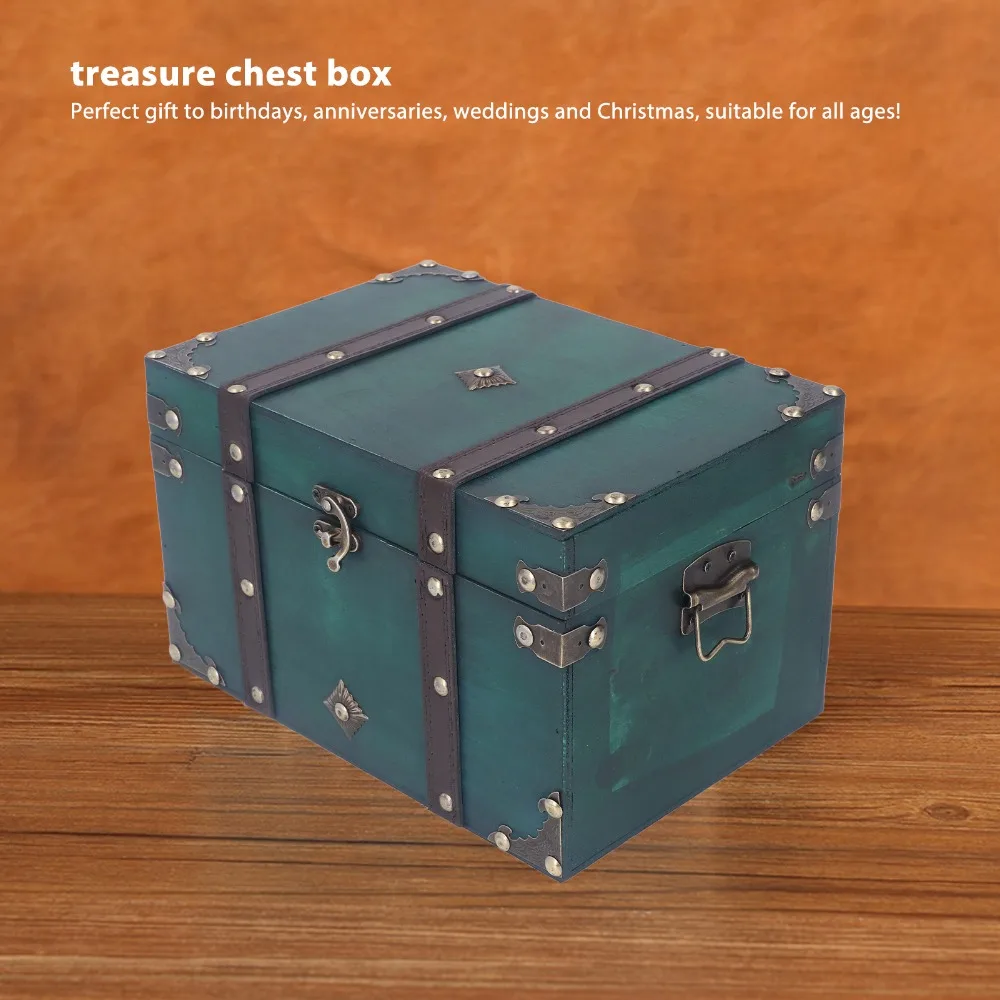 Wood Treasure Chest Storage Box Hinged Lid Metal Clasp Antique Storage Trunk Large Wooden Jewelry Box For Movie Props