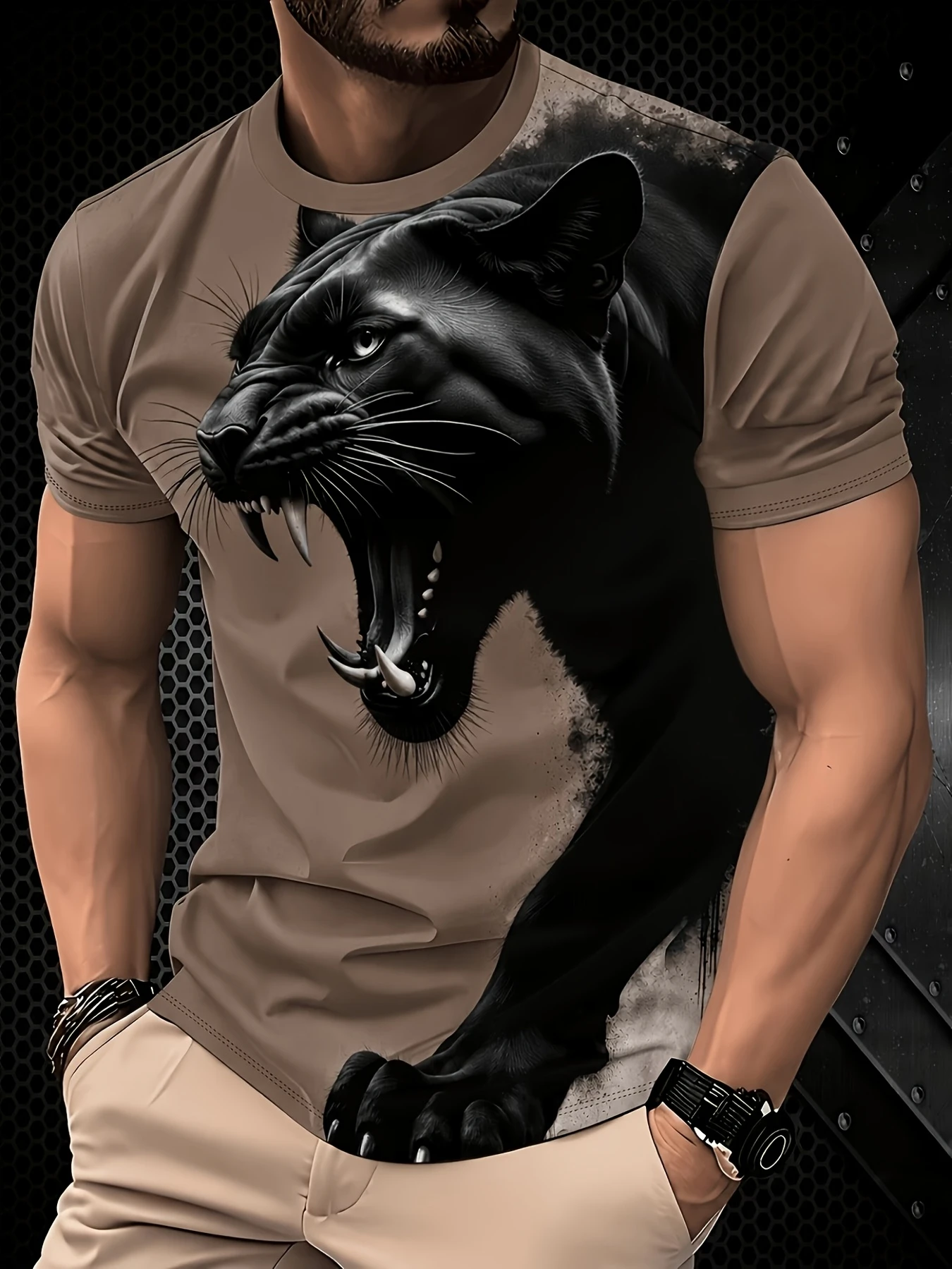Men's Black Panther Pattern T-Shirt, Wild Black Panther 3D Print Short-Sleeve Crew Neck T-Shirt, Casual Street Style Men's Top