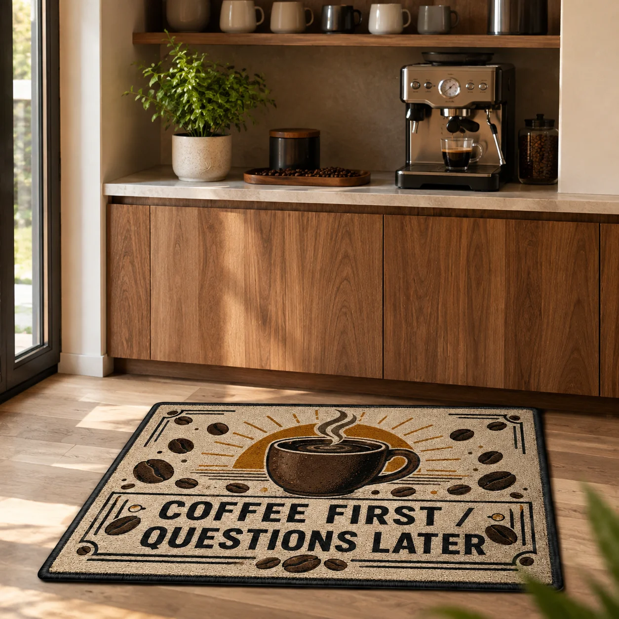 Customized Welcome Mat Funny Coffee First Questions Later Kitchen Rug Entrance Mat for Cafe Bar Home Door Decor Absorbent Mats