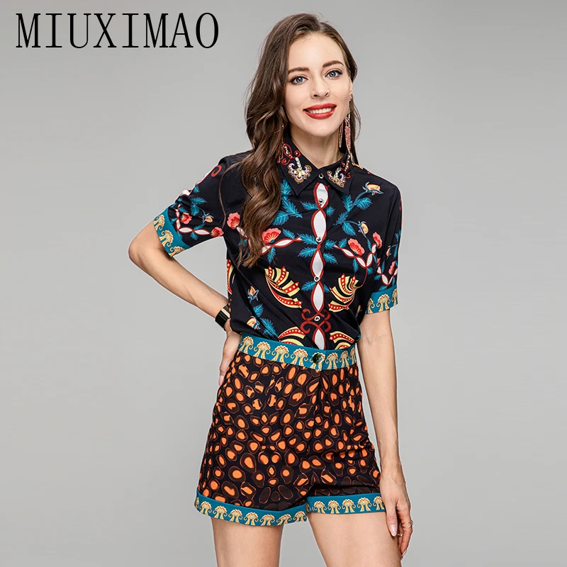 MIUXIMAO 2023 Fall Elegant Set Long Sleeve Diamond collar  Flower Leopard Print Shirt+Short Fashion Two Piece Set Women Vestides