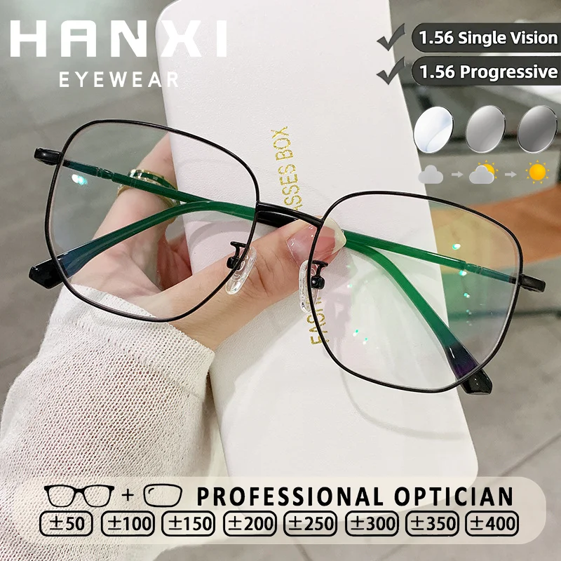 HANXI Metal Polygonal Large Frame Glasses Women Glasses Photochromic Custom Prescription Myopia Corrective Reading Glasses