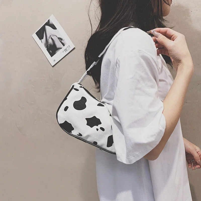 The Cow Spot Printed Canvas Shoulder Bags For Women 2023 Female Small Underarm Bag Ladies Cute Purses and Handbags Casual Tote