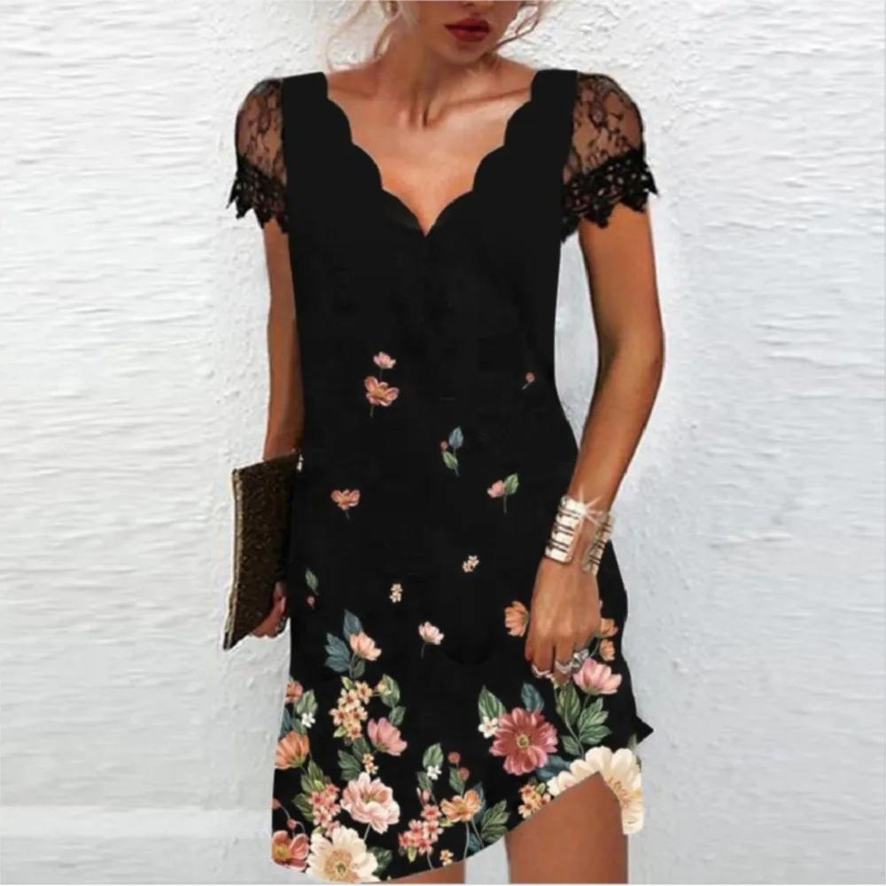 2024 Women's New Summer Urban Leisure Office 3D Positioning Printed Wave V-neck Lace Short sleeved Dress for Women