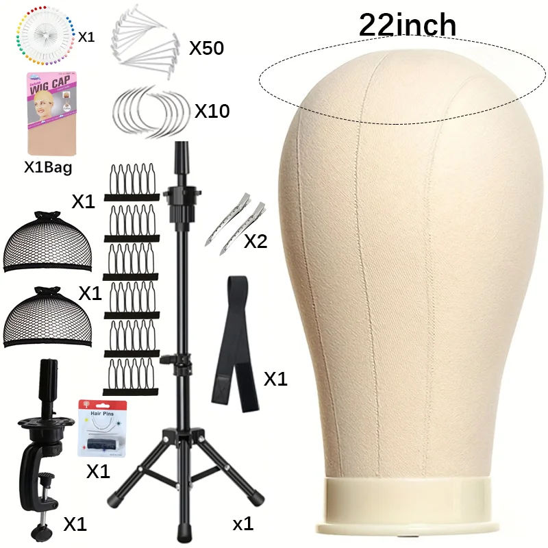 

21-24in Canvas Block Head Kit Wig Mannequin Display Styling Manikin Head with Stand for Training