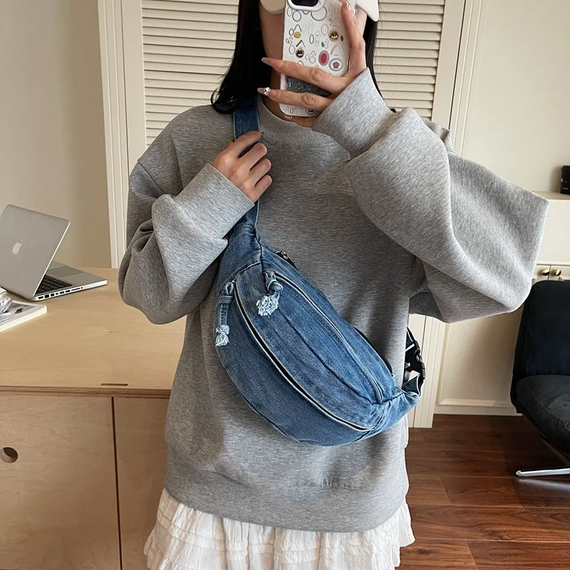 

Новая джинсовая сумка на плечо для женщин, спортивный повседневный стиль, простые модные поясные сумки, сумка через плечо для мобильного телефона для мужчин