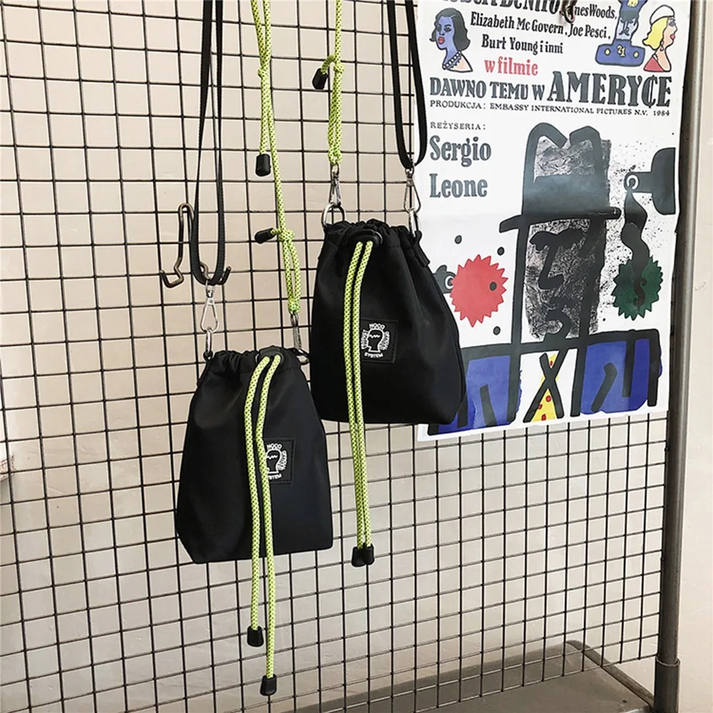 

Casual Drawstring Bucket Bag Nylon Large Capacity Male Crossbody Bag Fluorescent Color Strap Single Shoulder Mobile Phone Bag