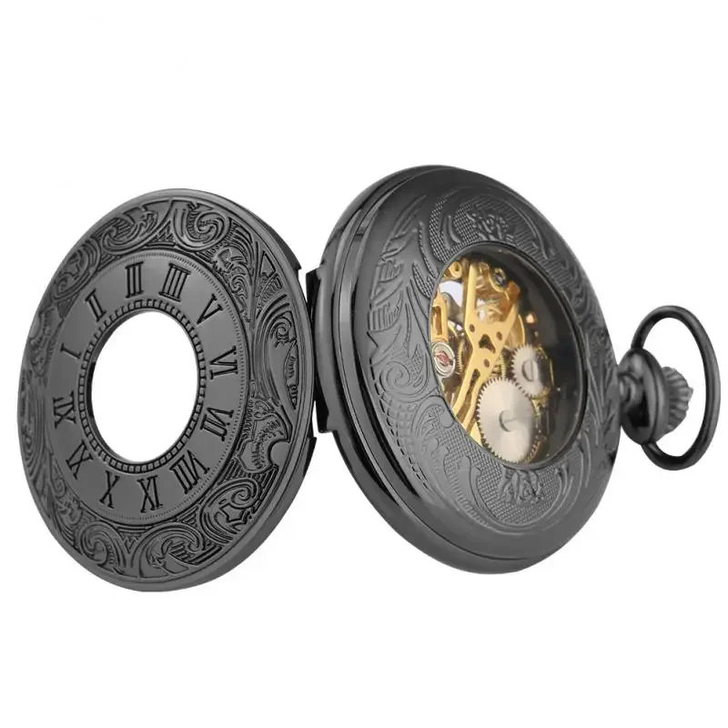 Antique Black Handwinding Mechanical Skeleton Pocket Watch for Men Women Pendant Chain Clock Carving Roman Number Timepiece