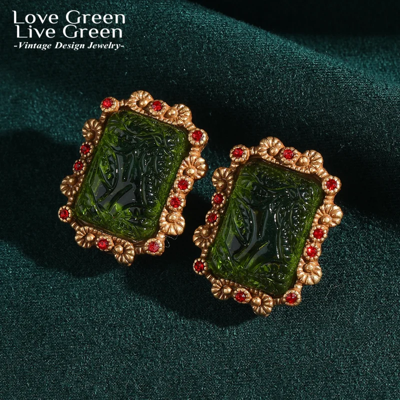 

Vintage Green Square Stud Earring Glass For Woman Accessories Relief Royal Court Red Rhinestone Gold Color Chritmas Party 2026