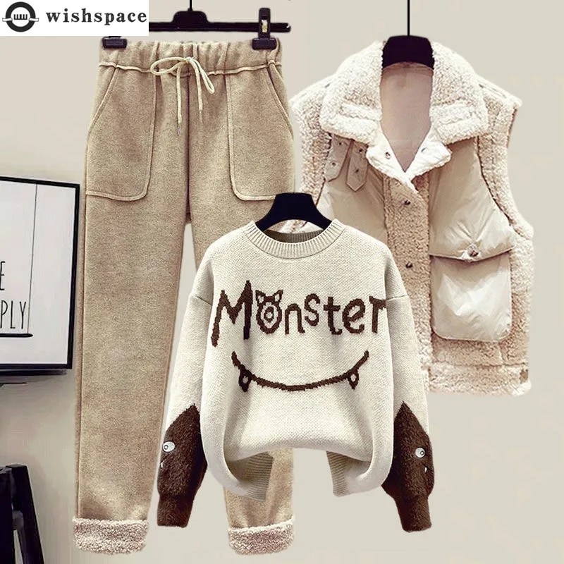 2024 Winter neue Kaschmir Weste Mantel Stickerei Strick pullover Freizeit hose dreiteilige elegante Damen hose Set Outfit