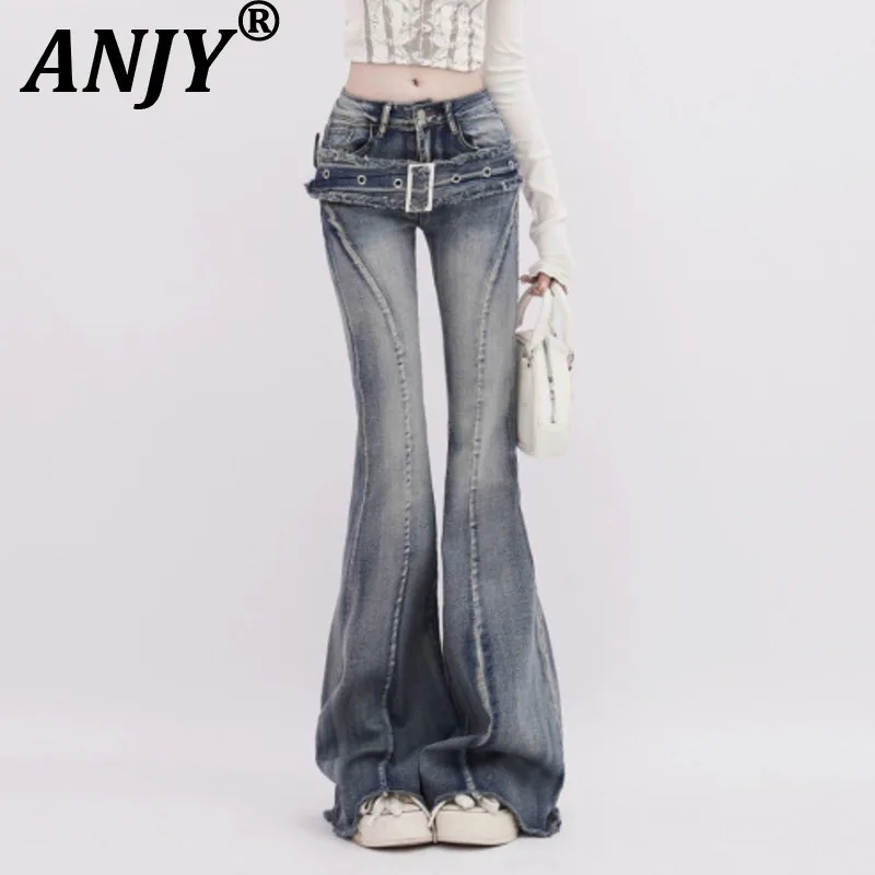 

ANJY Autumn New Women Flared Jeans Low Waist Distressed Denim Patchwork Belt Slimming High Street Elegant Trendy Y2K Pants A9372