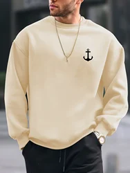 Men's autumn and winter casual fashion loose boat anchor pattern printed fleece pullover long sleeved round neck sweatshirt