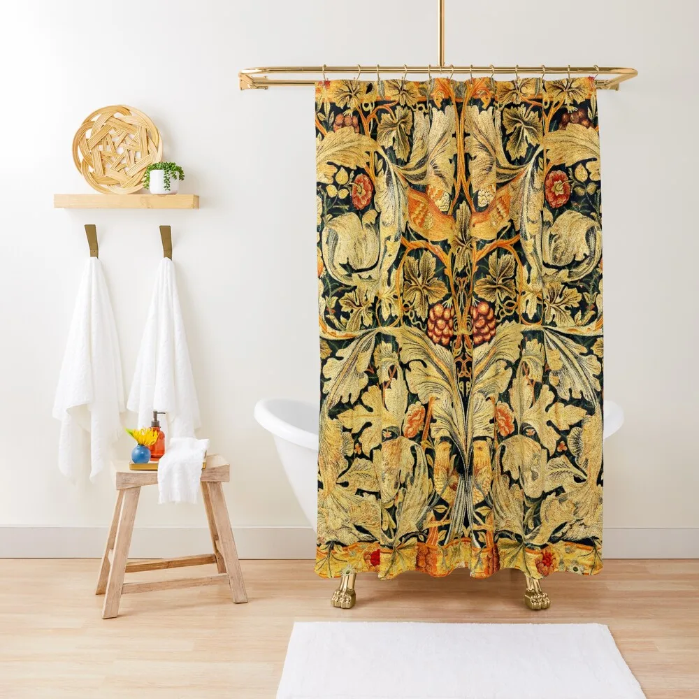 

BIRDS ON ACANTHUS LEAVES ,ROSES ,VINE AND GRAPES IN ORANGE YELLOW, Art Nouveau Floral Shower Curtain Bathroom For Shower Curtain