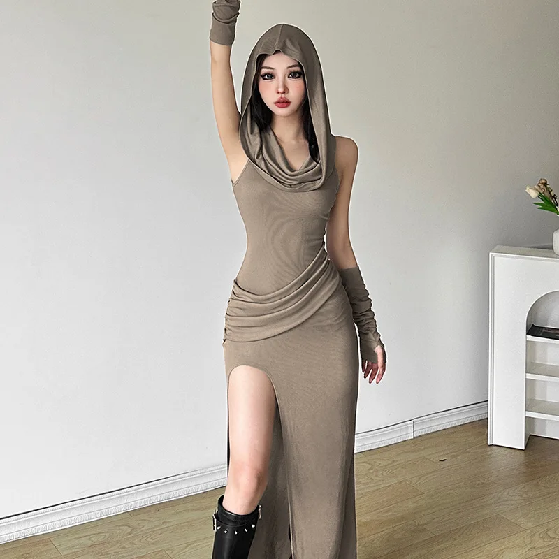 

Europe and United States style new summer women's dress solid color slim-fit high-waisted fashion hooded sleeveless slit dress