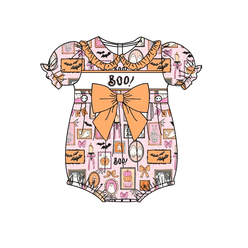 Boutique collared ruffled jumpsuit short style bow decoration Ghosts and popsicles print wholesale