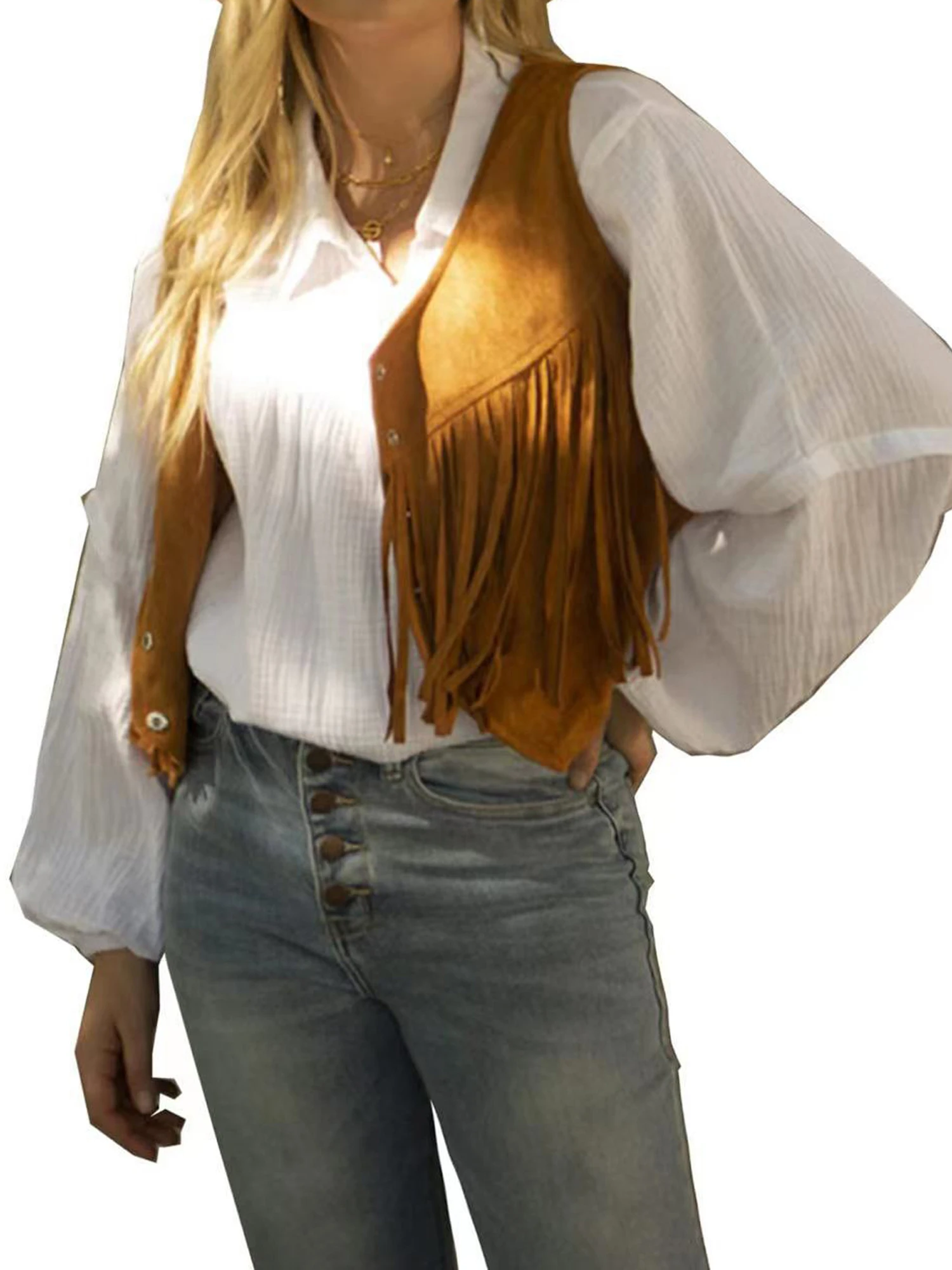 Casual Solid Color Hippie Crop Jacket Women Front Button Sleeveless Tassel Suede Vests Retro Waistcoat Female Tops Streetwear