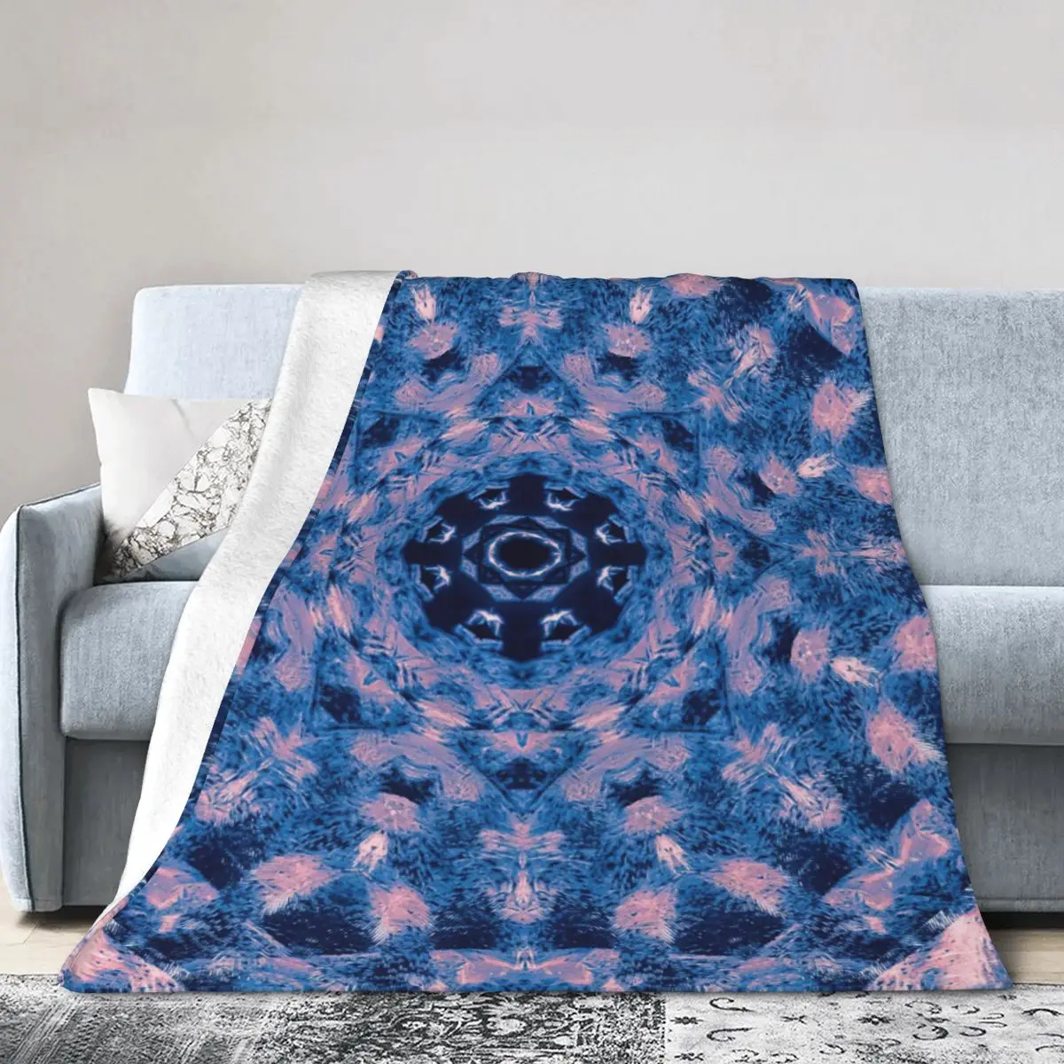 Gothic Pink And Blue Stained Glass Mandala And Cross Mosaic Bed Blanket Flannel Blanket Flannel Blanket Air conditioning blanket