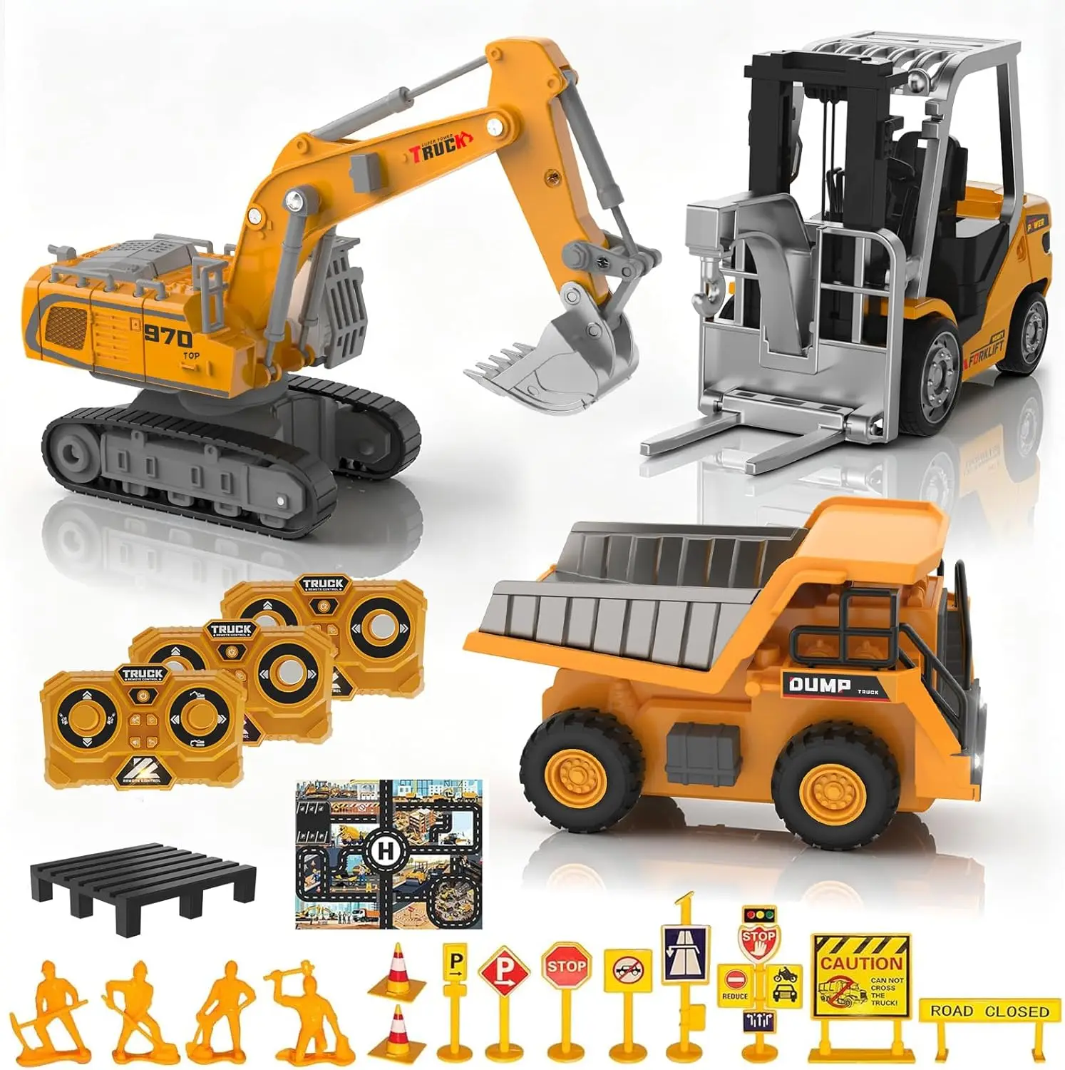 Remote Control Construction Vehicles Set of 3 - 1:64 Scale RC Excavator, Forklift & Dump Truck, 2.4GHz Mini Desktop Toys with Lights, Sounds & Variable Speed, Includes Traffic Signs & Play Mat, Gift for Adults and Kids