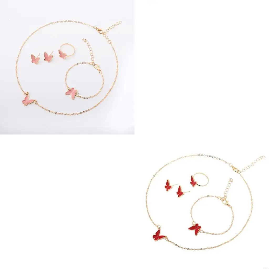 

Butterfly Jewelry Set Women Girls Necklace Fashionable Pendant Neck Chain Adjustable with Bracelet Bangle Ring Earrings