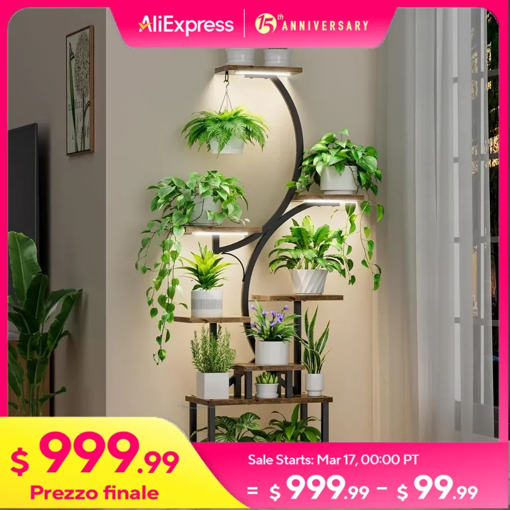 8 Tiered Indoor Plant Shelf with Grow Lights, S-Shaped Metal Plants Flower Holder, 62