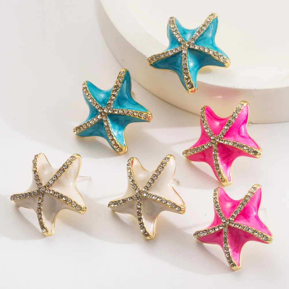 Korean Women's Sterling Silver Needle Diamond-Embedded Summer Seaside Vacation Starfish Stud Earrings