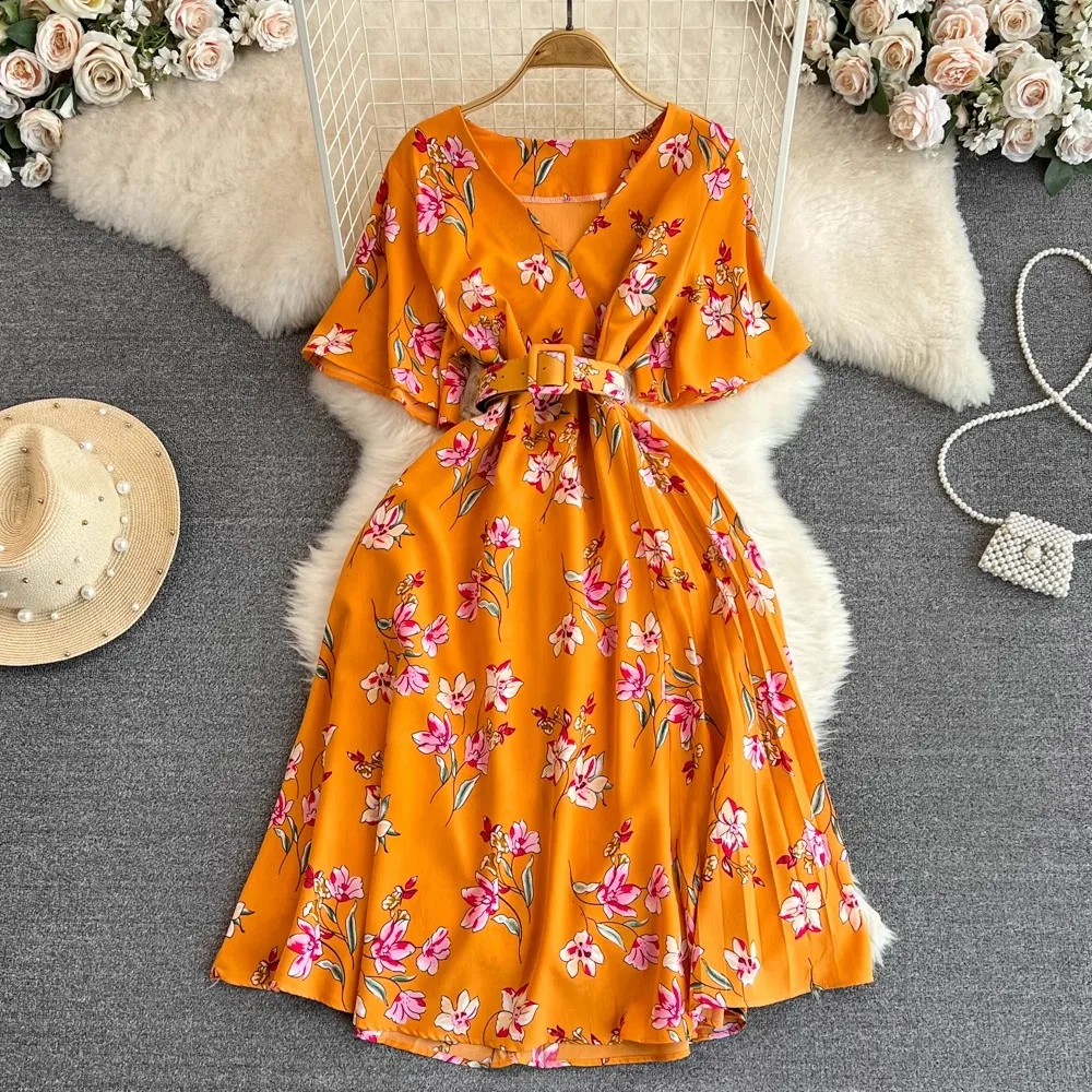 YuooMuoo Chic Fashion Floral Print Long Summer Dress 2024 New Arrival Elegant V-neck Party Dress with Belt Lady Outfits Vestidos