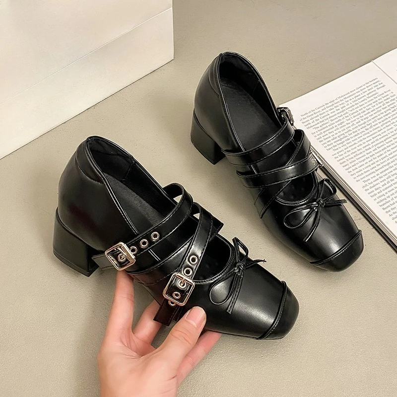 

Женские туфли 2026, модные балетки с квадратной головкой и бантом, женские одинарные туфли на среднем каблуке с неглубоким носком в стиле ретро