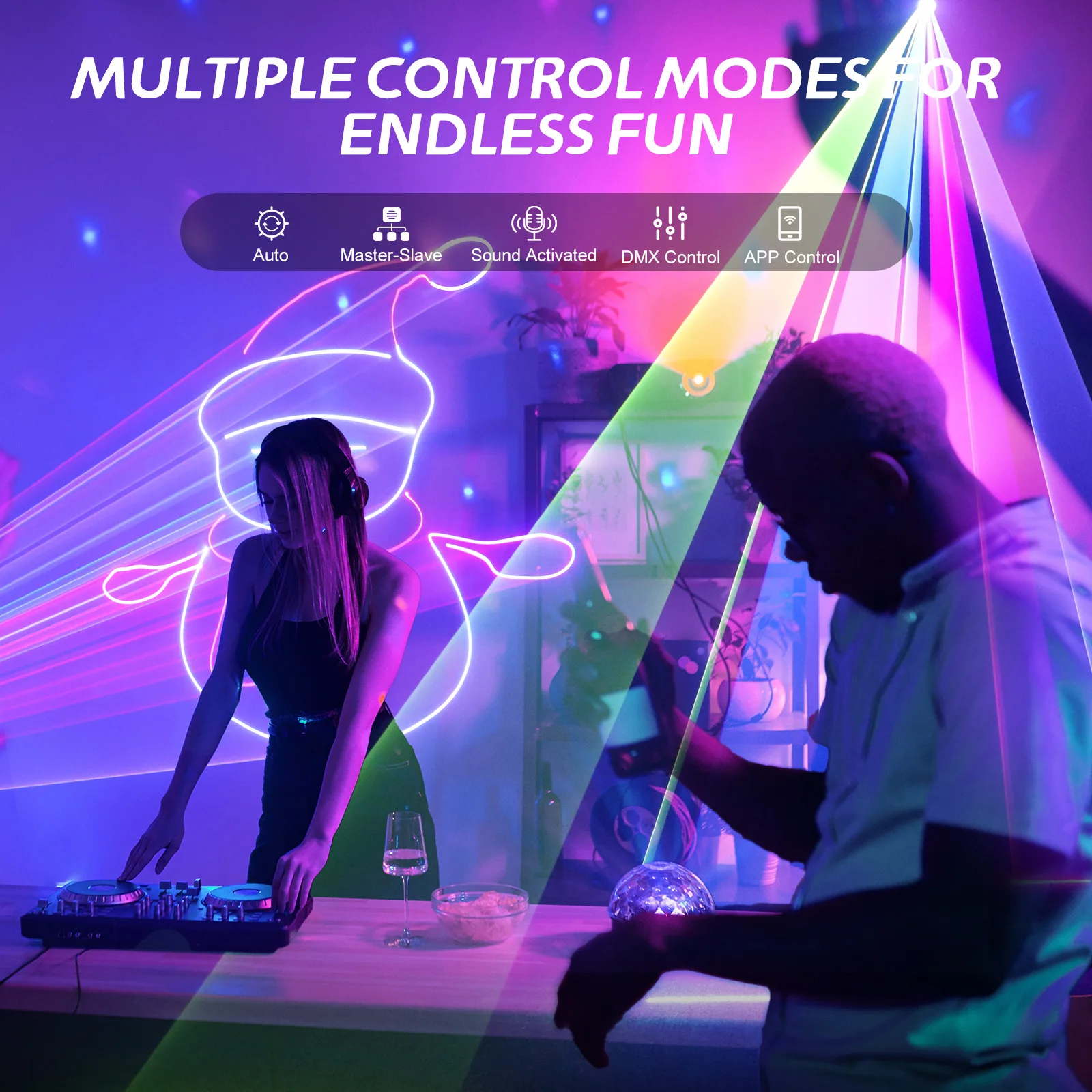 U'King 2W الرسوم المتحركة DJ ضوء الليزر DMX APP التحكم كامل اللون RGB DJ ضوء ثلاثية الأبعاد الرسوم المتحركة جهاز عرض ليزر لعيد الميلاد عيد الهالوين