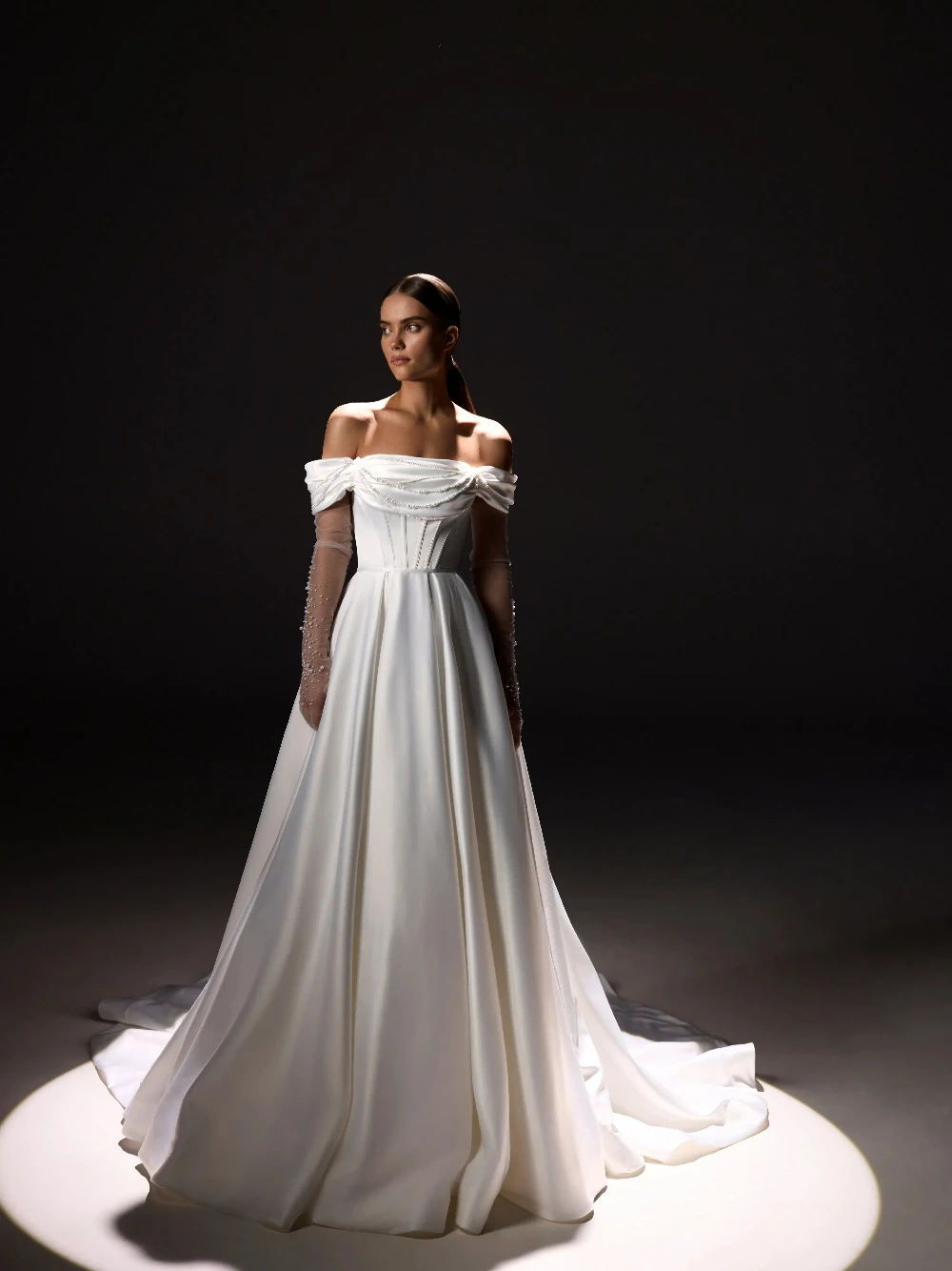 Fashionable A Line Satin Wedding Dress Dreamy Pearls Customized Bridal Gown Romantic Off Shoulder Fitted Waist Bride Wear