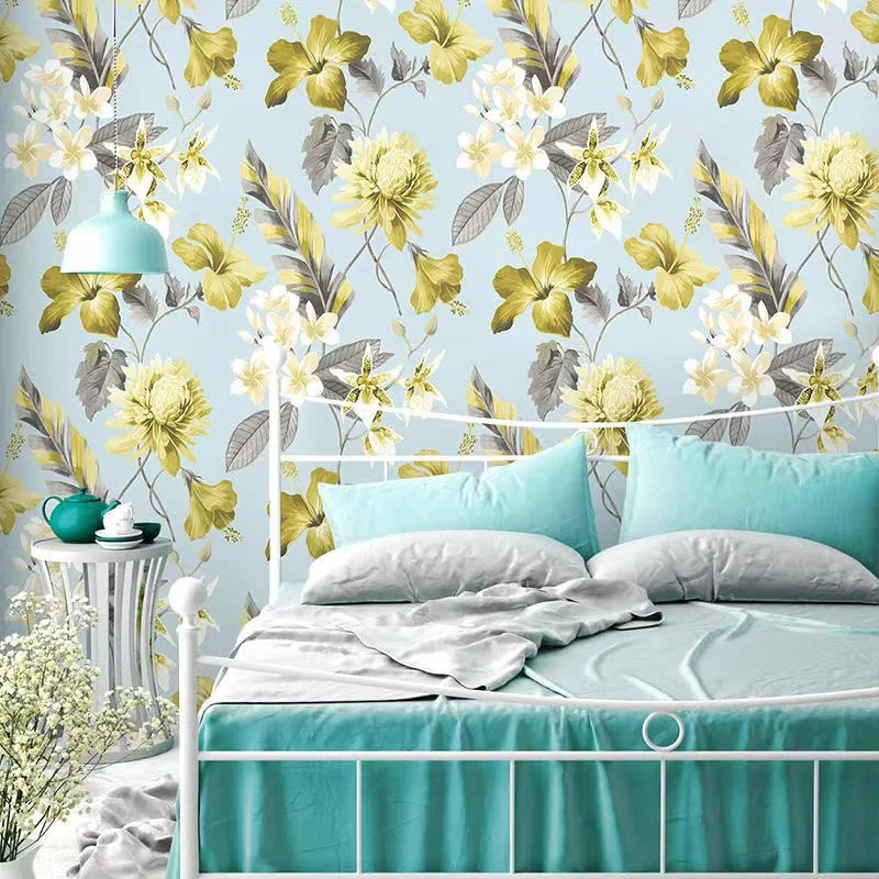 

American Pastoral Flower Blue Wallpaper Modern Chinese Style Bedroom Living Room Wall Decor Waterproof Floral Wallpaper