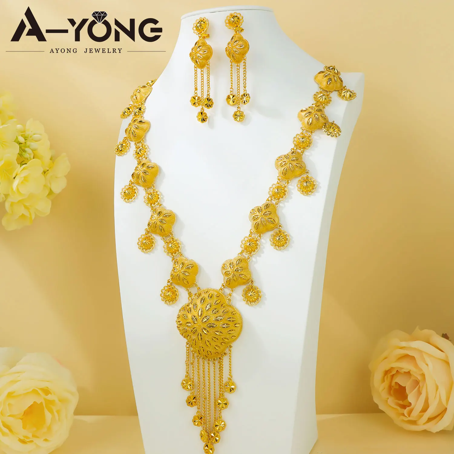 Luxuriöses Dubai Brautschmuck-Set Nigeria Goldfarben Lange Halskette Ohrringe Äthiopischer Damenschmuck für Bankette und Partys – Detail 1
