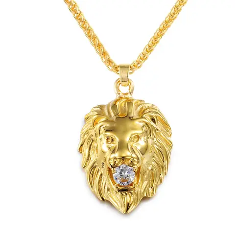 Hip Hop 3D Gold Plated Lion Head With Crystal Bead Pendant Necklace For Men Animal Jewelry