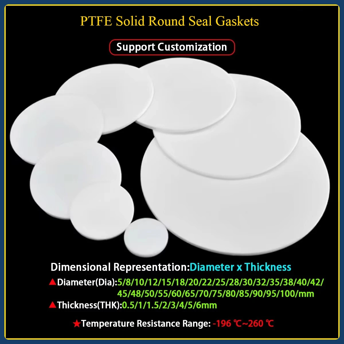 PTFE Solid Round Seal Gaskets Disc WhitePolytetrafluoroethylene Gasket Machining Materials Thk0.5/1/1.5/2/3/4/5/6mm Dia5-100mm