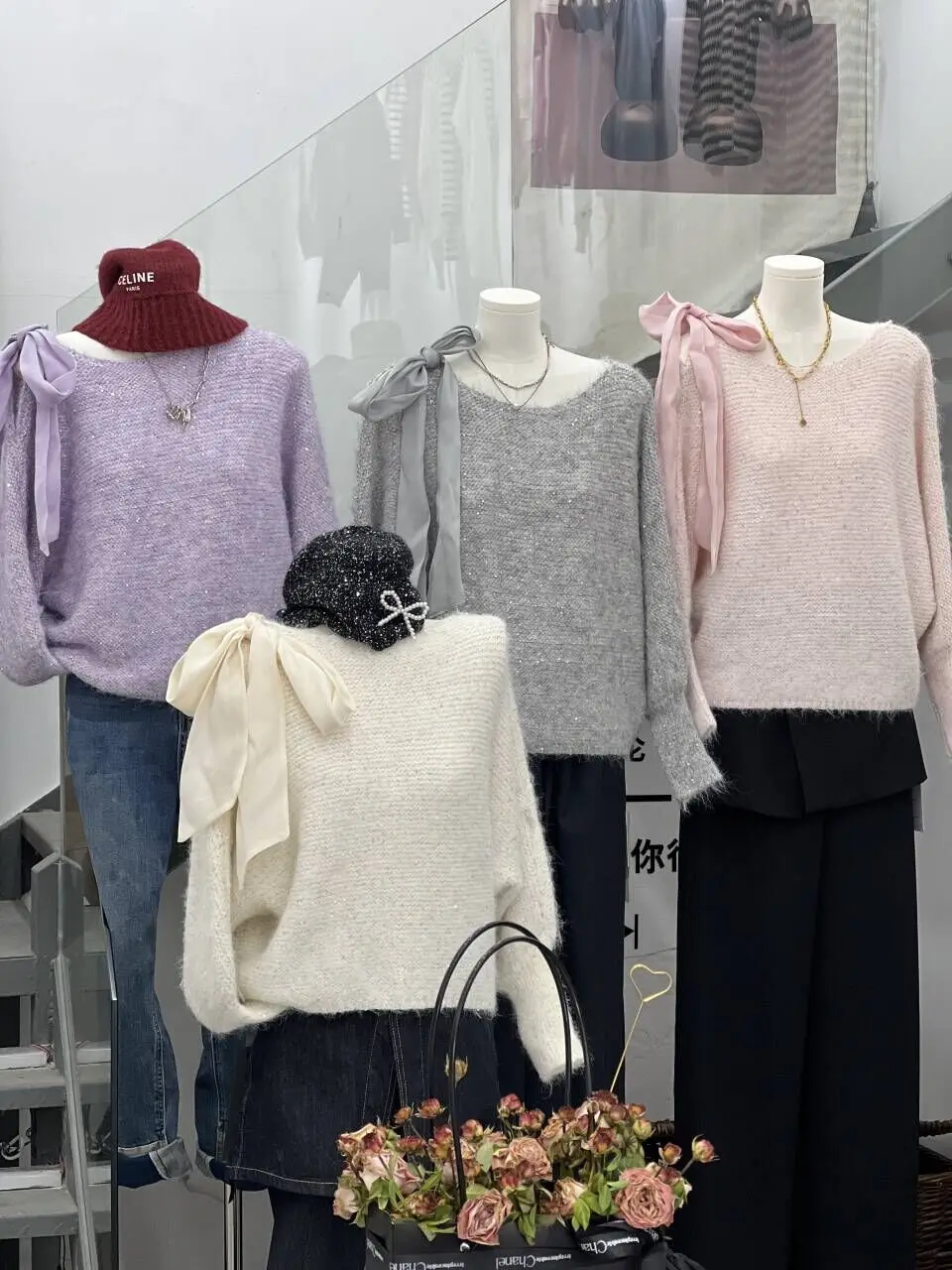 

Elegant Shiny Long Sleeve Women's Sweater Autumn Hot Sale New Design Loose Lace Up Bow Pullovers Jumper C44
