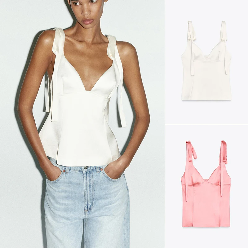 

Summer New Women's Simple Sle V-ne Svel Knot Decorated Silk Satin Feel Strap Top Original Design Slim Fit