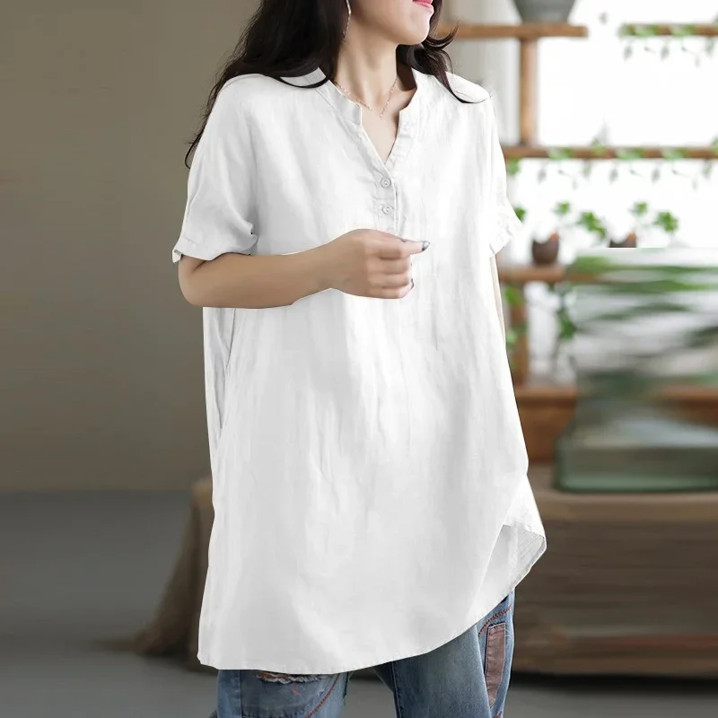 Women Solid Color Longer Shirt Summer V Neck Pullover Button Splicing Blouse Female Comfortable Commuter Loose Short Sleeve Tops