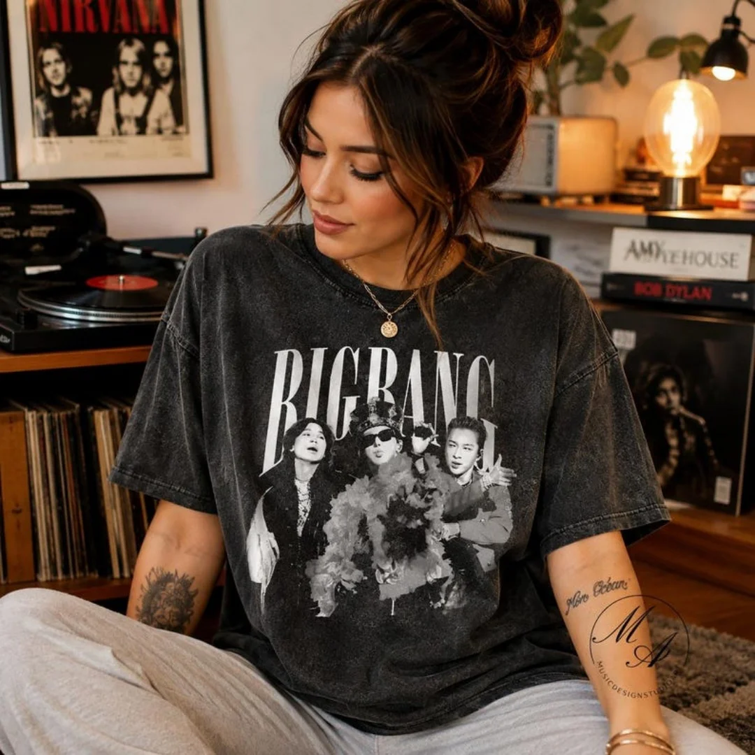 BIGBANG 20. Jubiläumskonzert Vintage Washed T-Shirt Bigbang Gruppenporträt-Druck Unisex Oversized Kurzarm Kpop Oberteil – Detail 8