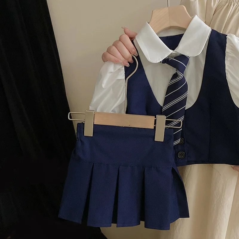 Summer Preppy Style Children Outfits Kids Clothes Set Baby Teenage Girls School Uniform Short Sleeve Shirt+Skirt Two Piece Suit