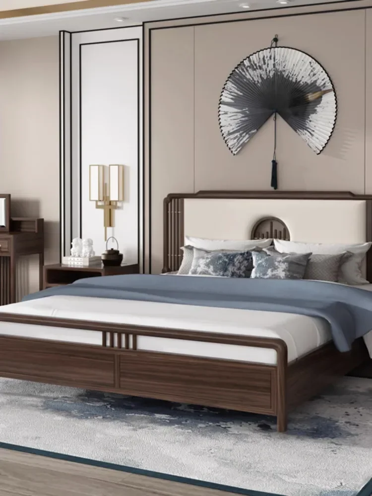 Solid Wood 1.8 M Double Bed Genuine Leather Soft Cushion Bedroom Marriage Bed Simple Air Pressure High Bed with Box