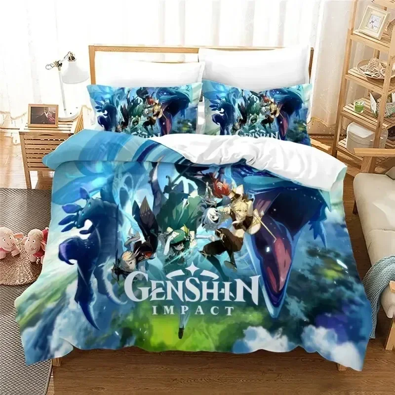 

Anime Genshin Impact Paimon Bedding Set Duvet Cover Sheet Printed Bed Set Pillowcase Bed Full Queen King Size Comforter Bedroom