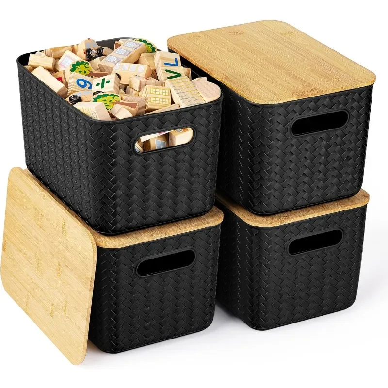 

New Product Promotion4 Packs Storage Bins with Bamboo Lids - Storage Containers with Lids Stackable Storage