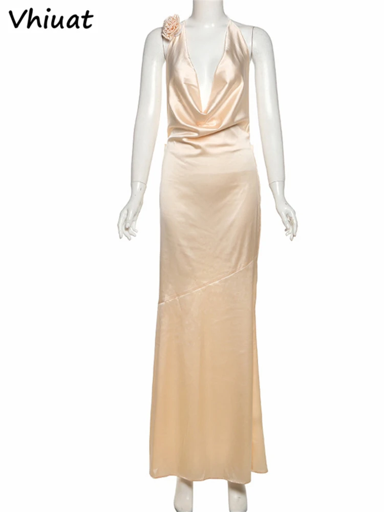 Vhiuat 솔리드 새틴 오프 숄더 백리스 롱 드레스 이브닝 파티 클럽 여성 여름 Sleeveles Flower Halter Maxi Sundress 2025