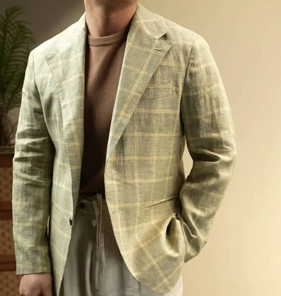 Blazer Masculino Casual Italiano 100% Linho Xadrez para o Dia a Dia, Blazer Desestruturado com Abertura Dupla