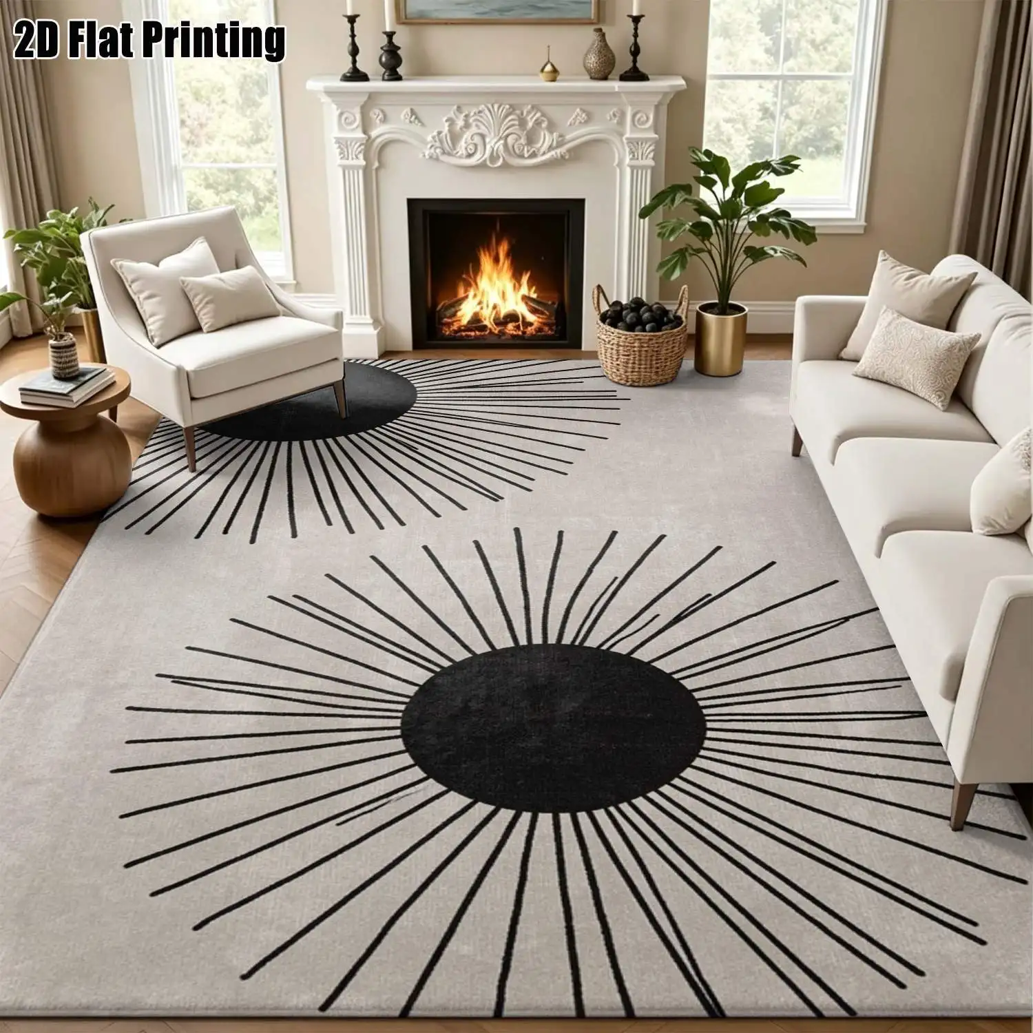 1Pc 2D Printed Black Sunray Pattern Nordic Carpet: Instagram-Worthy, Modern Minimalist, Geometric Striped, Vintage Floor Mat for Home Decor, Multi-Size, Machine Washable, Ideal for Entryway, Dining Room, Foyer, Bedroom, Living Room