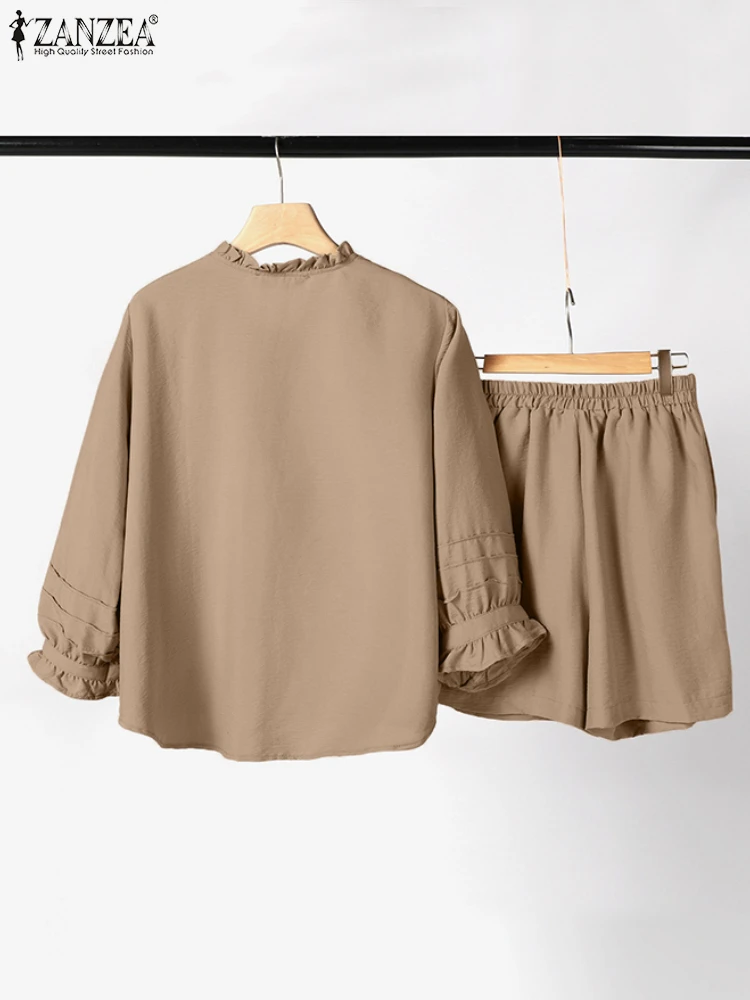 ZANZEA Holiday 2024 Summer 2pcs Outfits Casual Solid 3/4 Lantern Sleeve Top Loose Suits Women Elastic Waist Shorts Short Sets