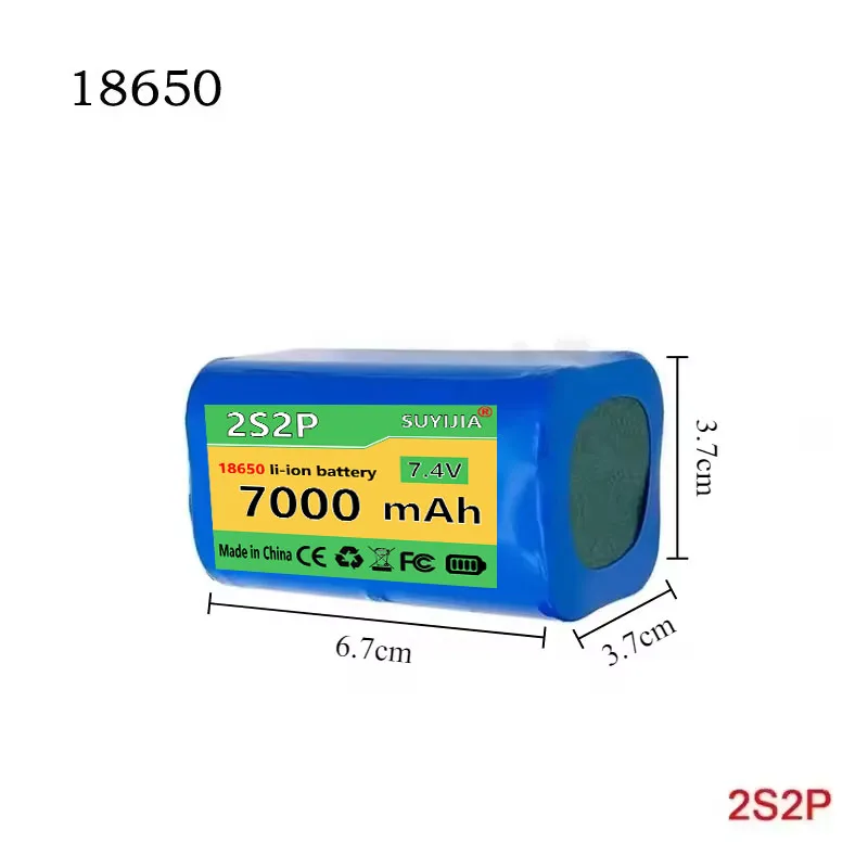 7.4V 7000mAh Rechargeable Battery 18650 2S2P Batteries for Bluetooth Speaker,Solar Light,Monitor+Protective Board XH2.54-3P Plug