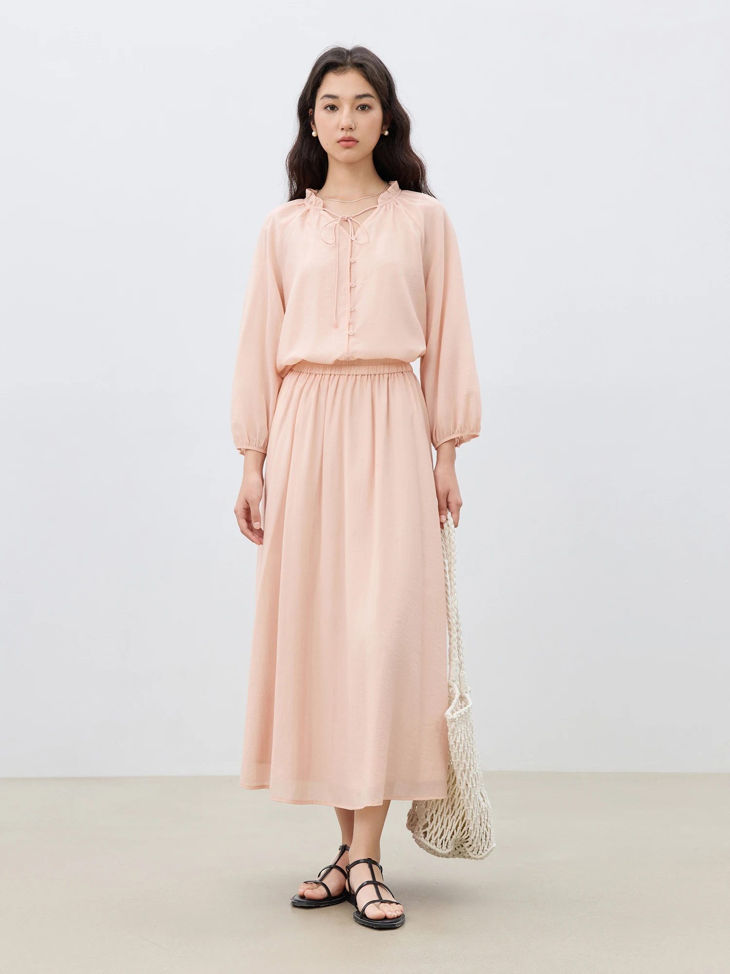 

ZIQIAO Self-made French Style Pink Long-sleeved Shirt Elegant Skirt Suit Female 2025 Spring New Slim Holiday Set 25ZQ91162