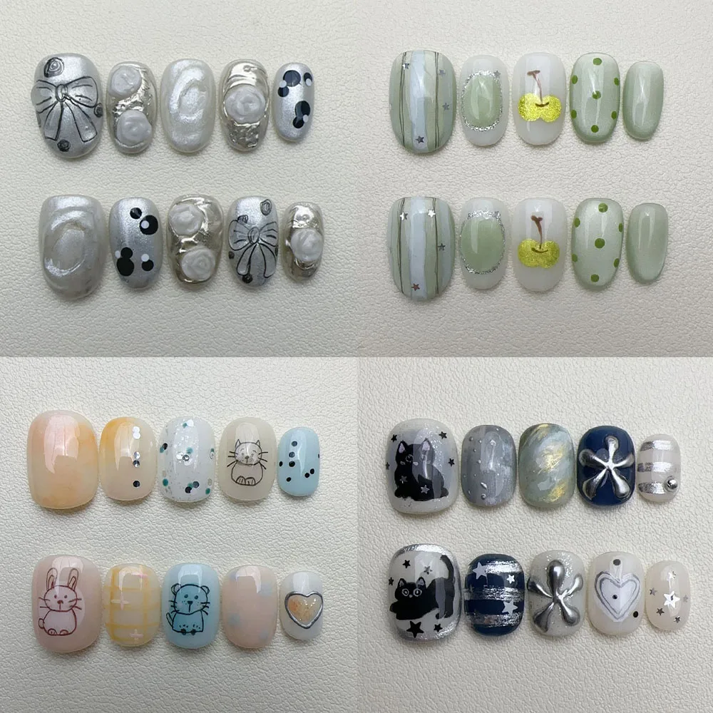 Y2K Retro Dots Line Star Hand Drawn Bowknot Cat Short Round Nail Patch Rose Love Apple Rabbit Press-On Nails Hand Accessories