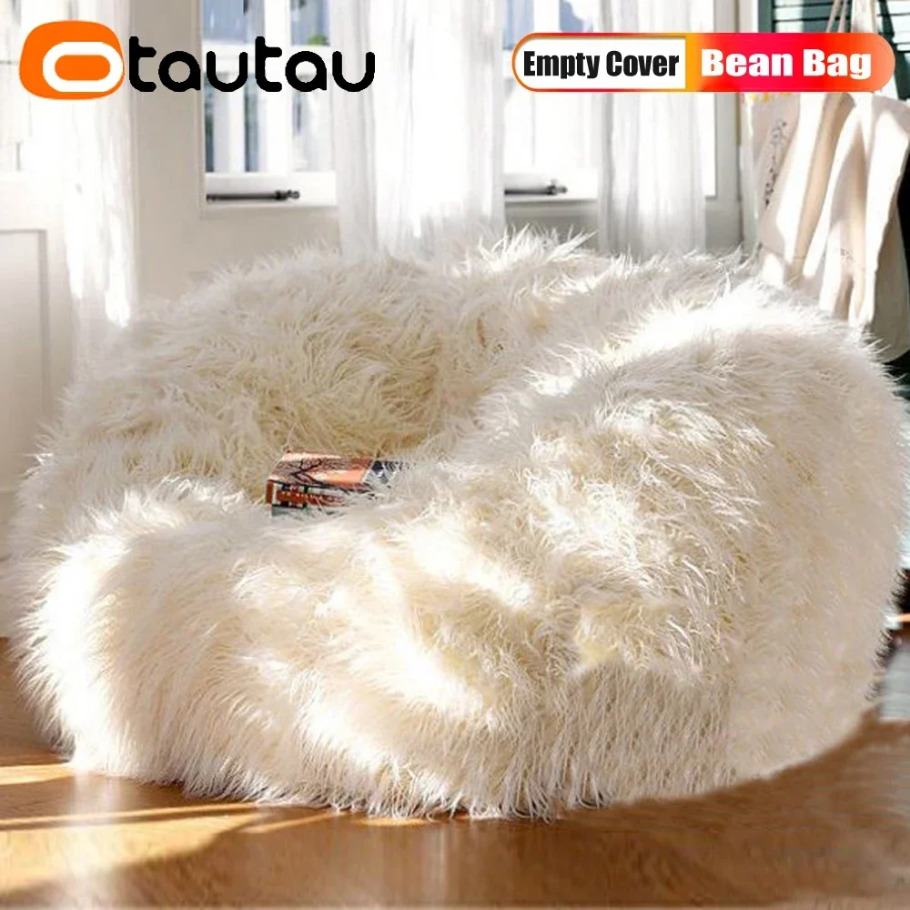 OTAUTAU Faux Long Fur Bean Bag Cover Without Filler Floor Seat Pouf Ottoman Beanbag Chair Frameless Sofa Puff Futon DD012