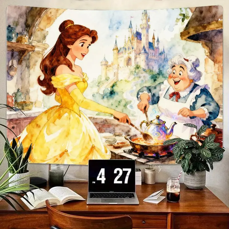 

1 шт., гобелен Disney Princess Belle для приготовления пищи, современное настенное искусство из полиэстера, эстетический сказочный замок, декор комнаты, подарок для фанатов
